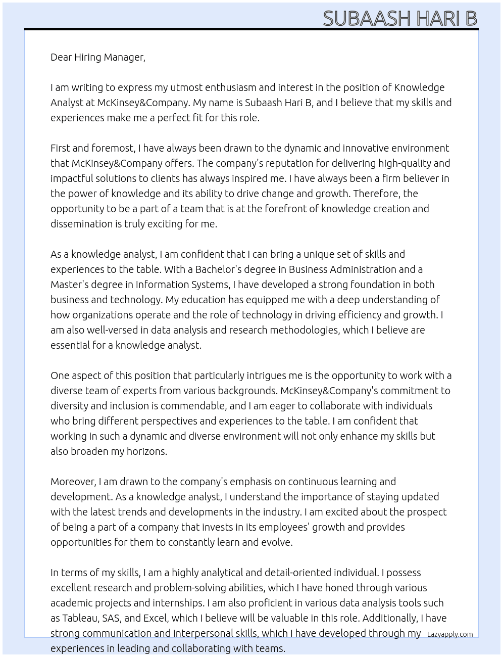 Knowledge Analyst - TLI At McKinsey&Company Cover Letter