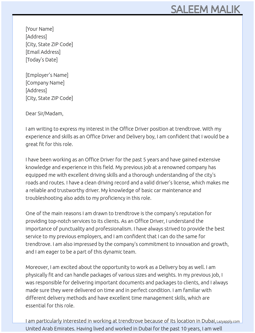 Cover letter for office driver - LazyApply