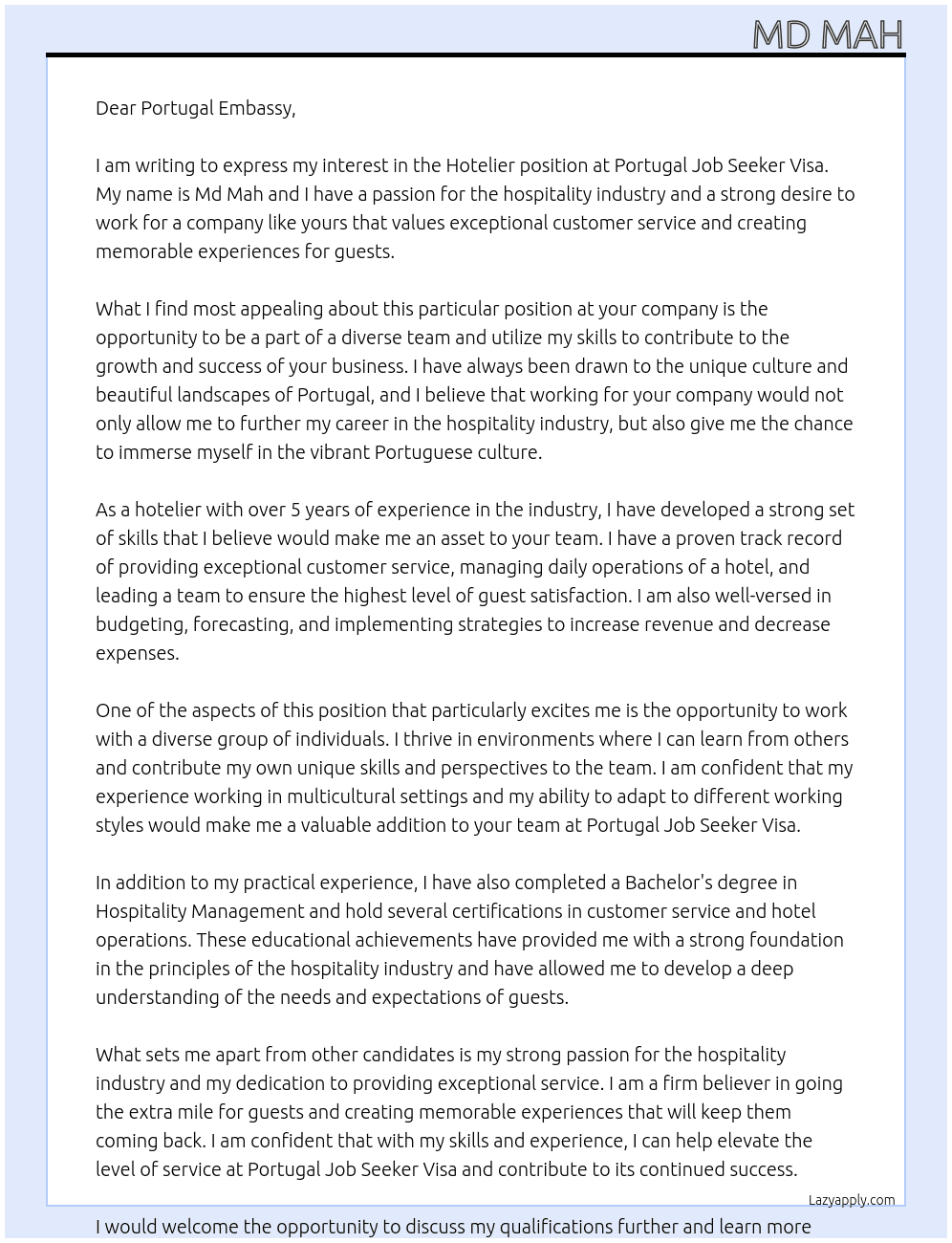 hotelier At portugal job seeker visa Cover Letter