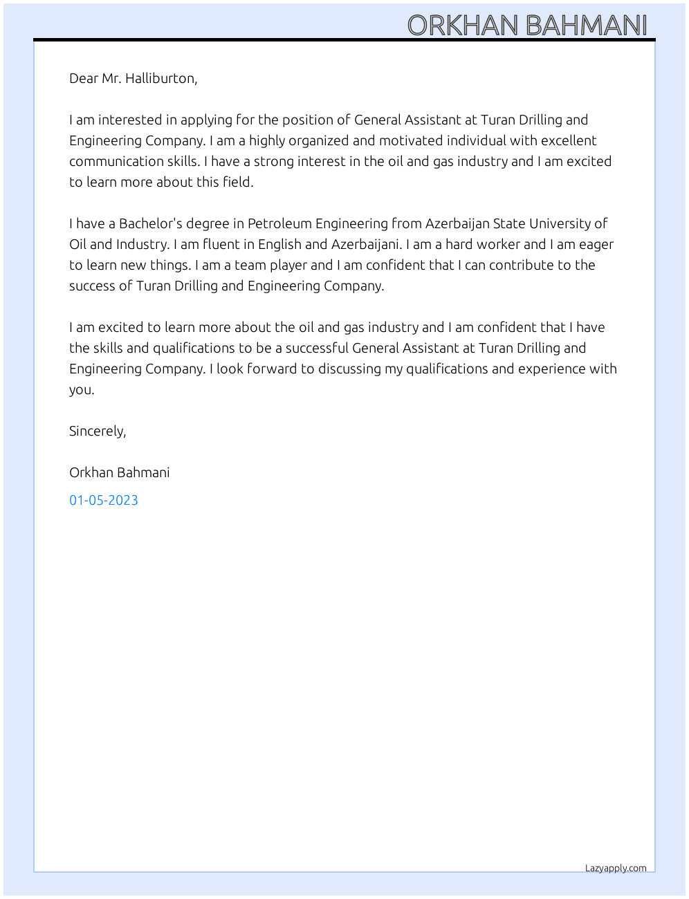General assisstant  At Turan drilling and engineering company  Cover Letter