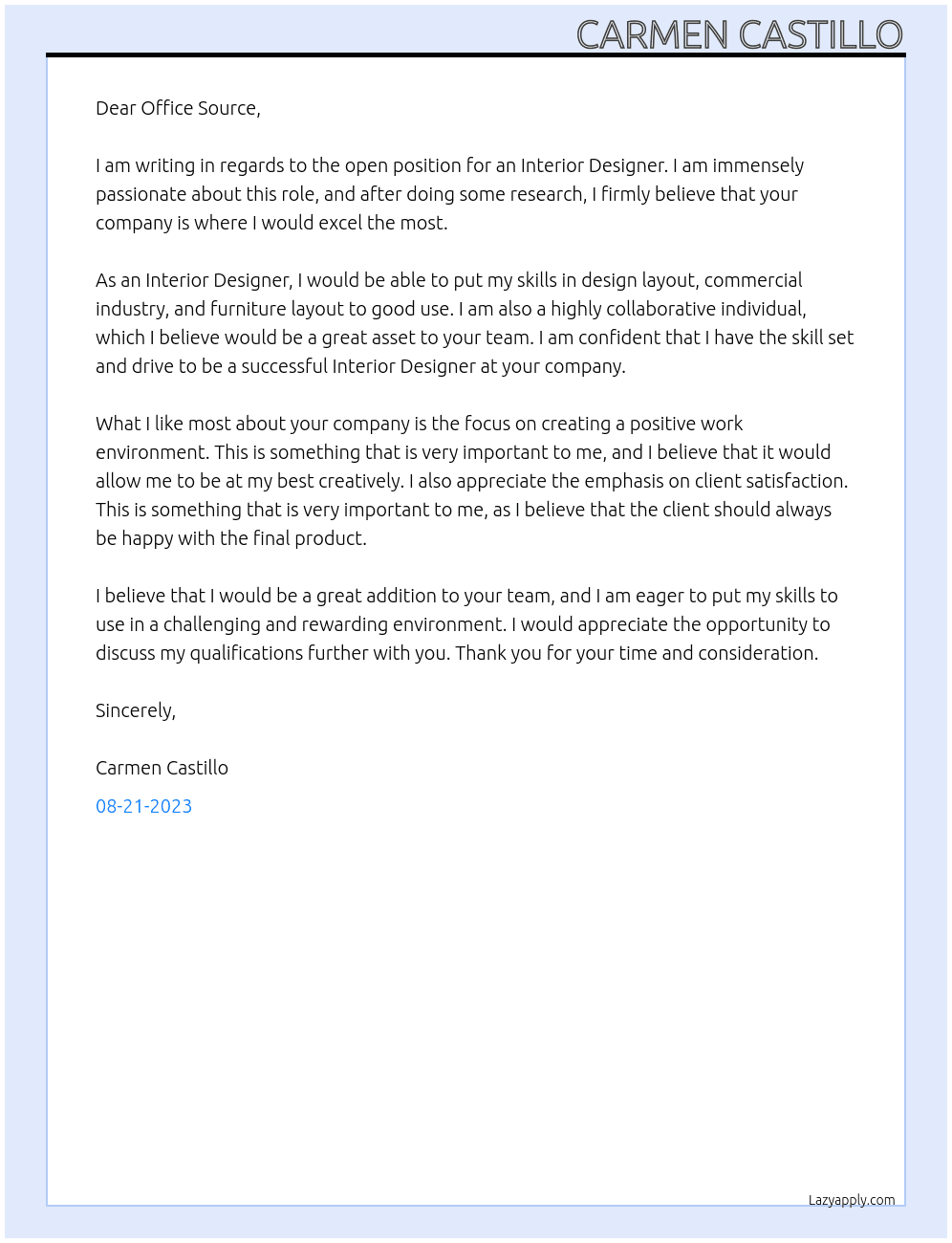 Interior Designer At office source  Cover Letter