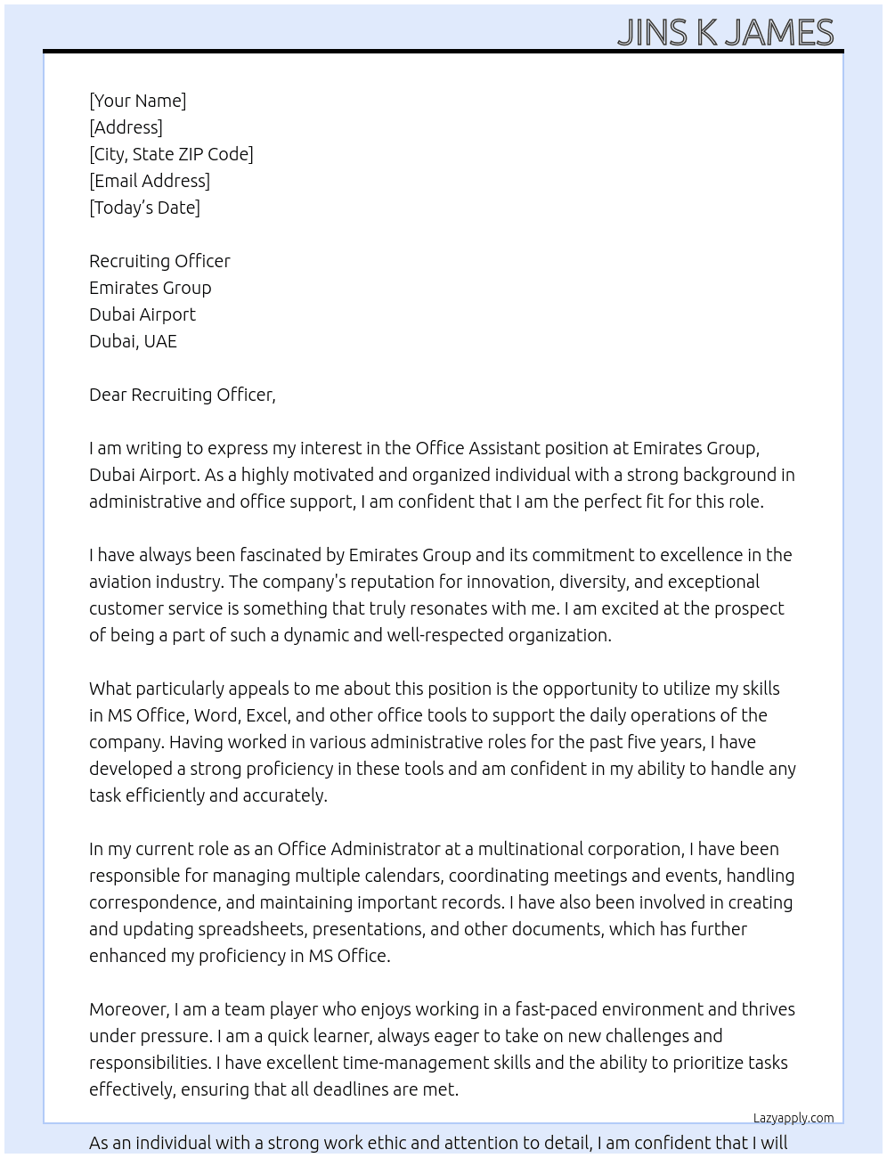 Office assistant  At Emirates group, dubai airport Cover Letter