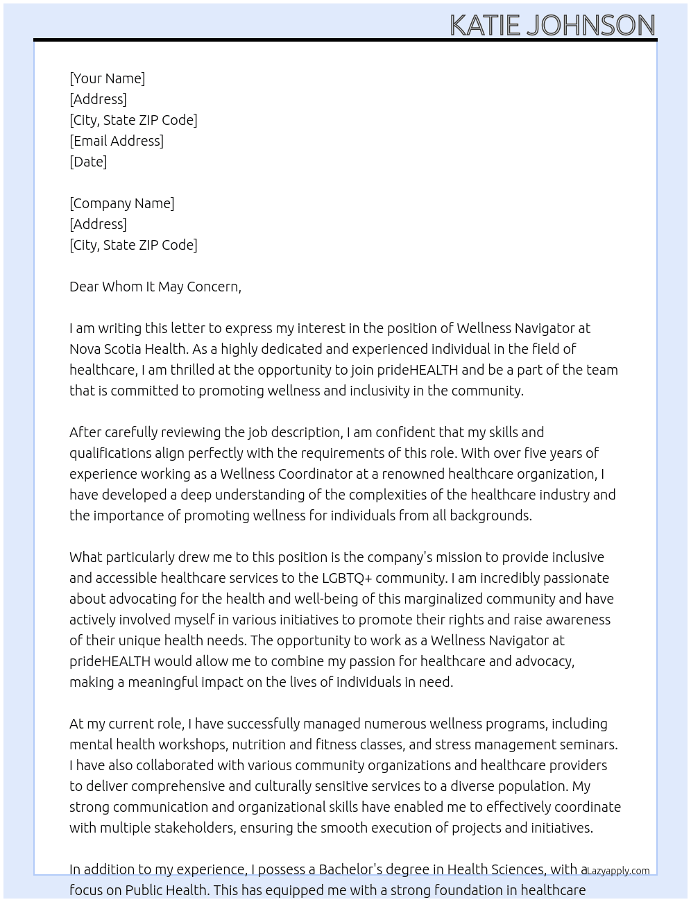 Wellness Navigator - prideHEALTH At Nova Scotia Health Cover Letter