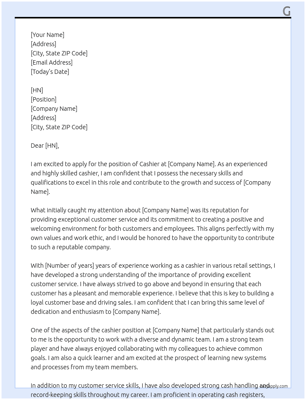 cashier At bu Cover Letter