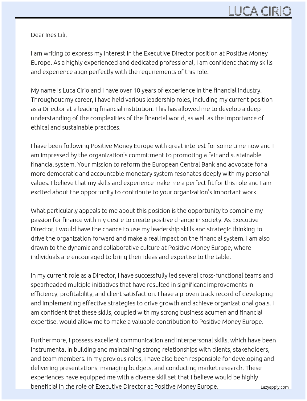 executive director At Positive Money Europe Cover Letter
