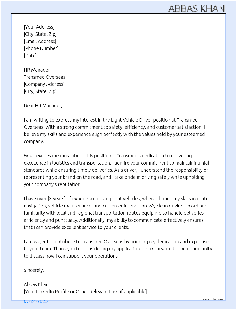 Light vechile driver  At Transmed overseas  Cover Letter