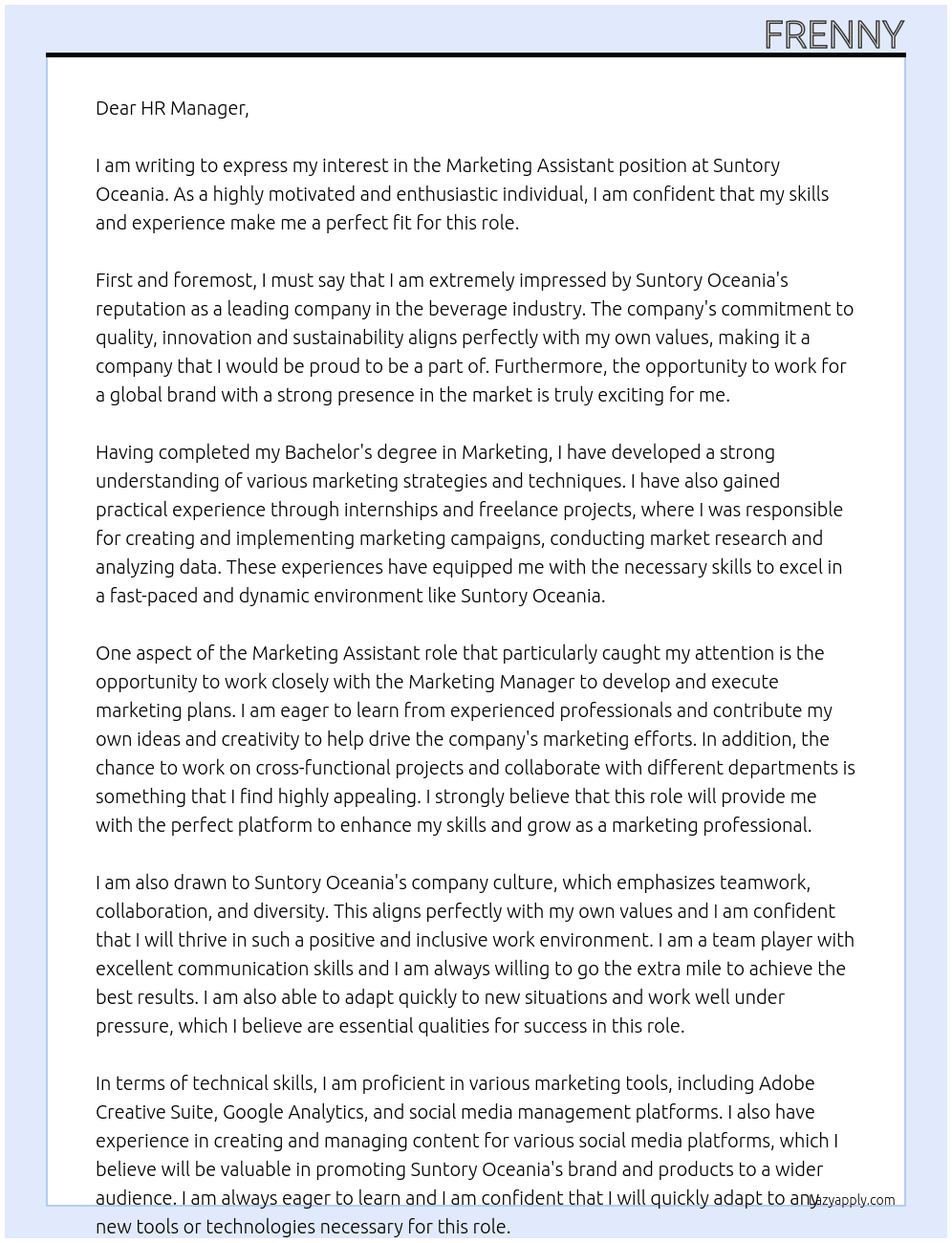 Marketing Assistant At Suntory Oceania Cover Letter
