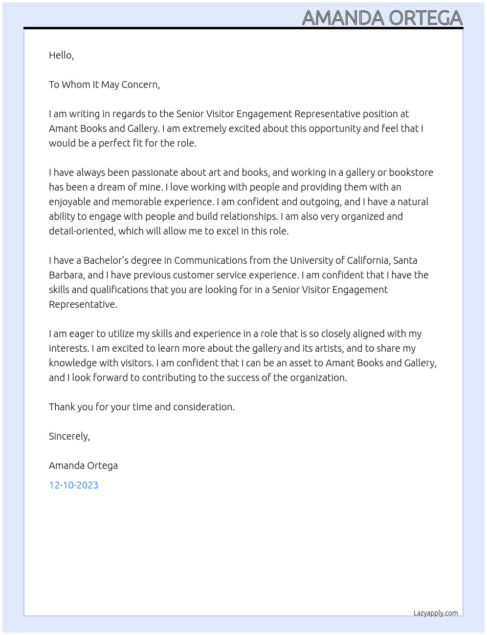 Senior Visitor Engagement Representative At Amant Books and Gallery Cover Letter