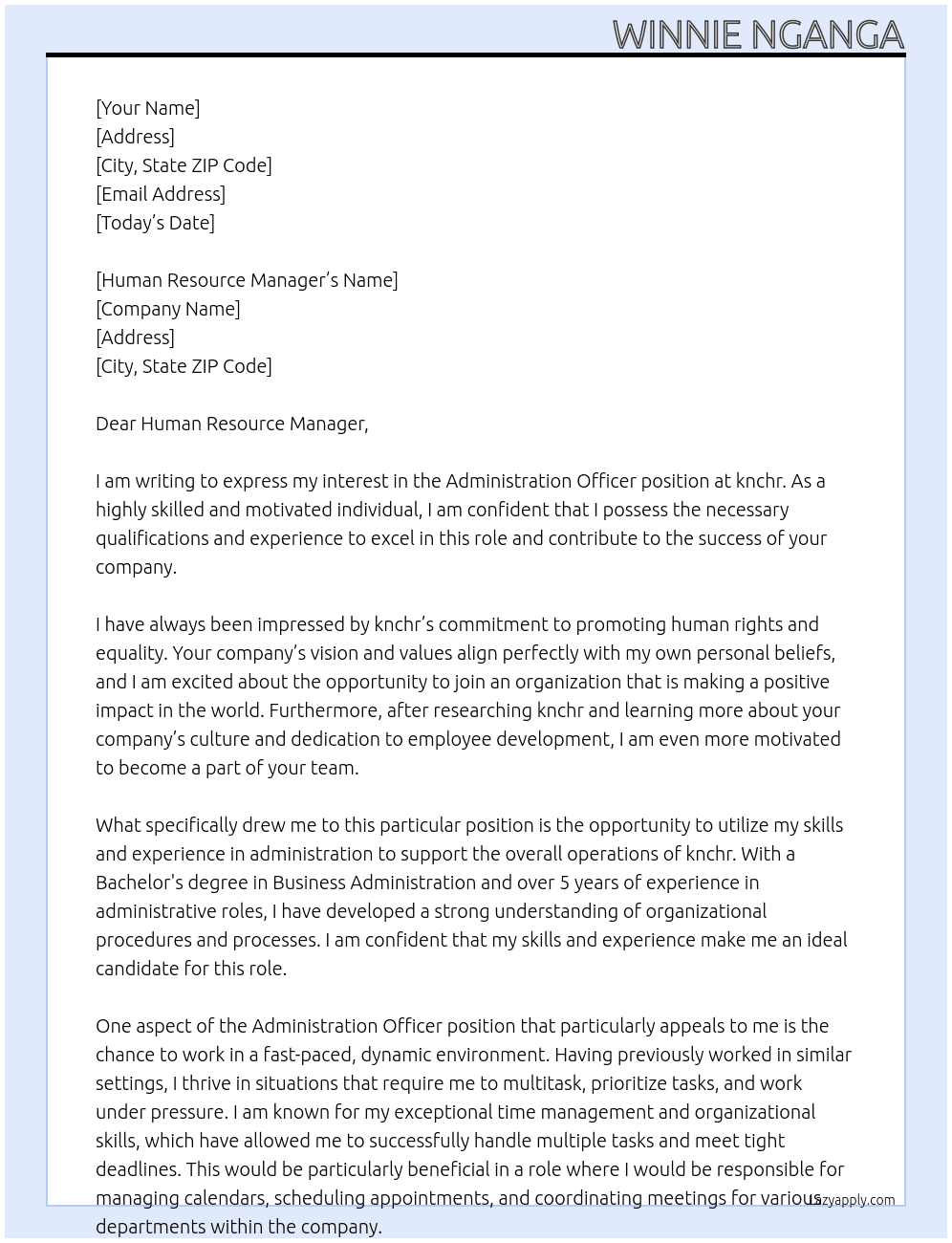  ADMINISTRATION OFFICER  At knchr Cover Letter