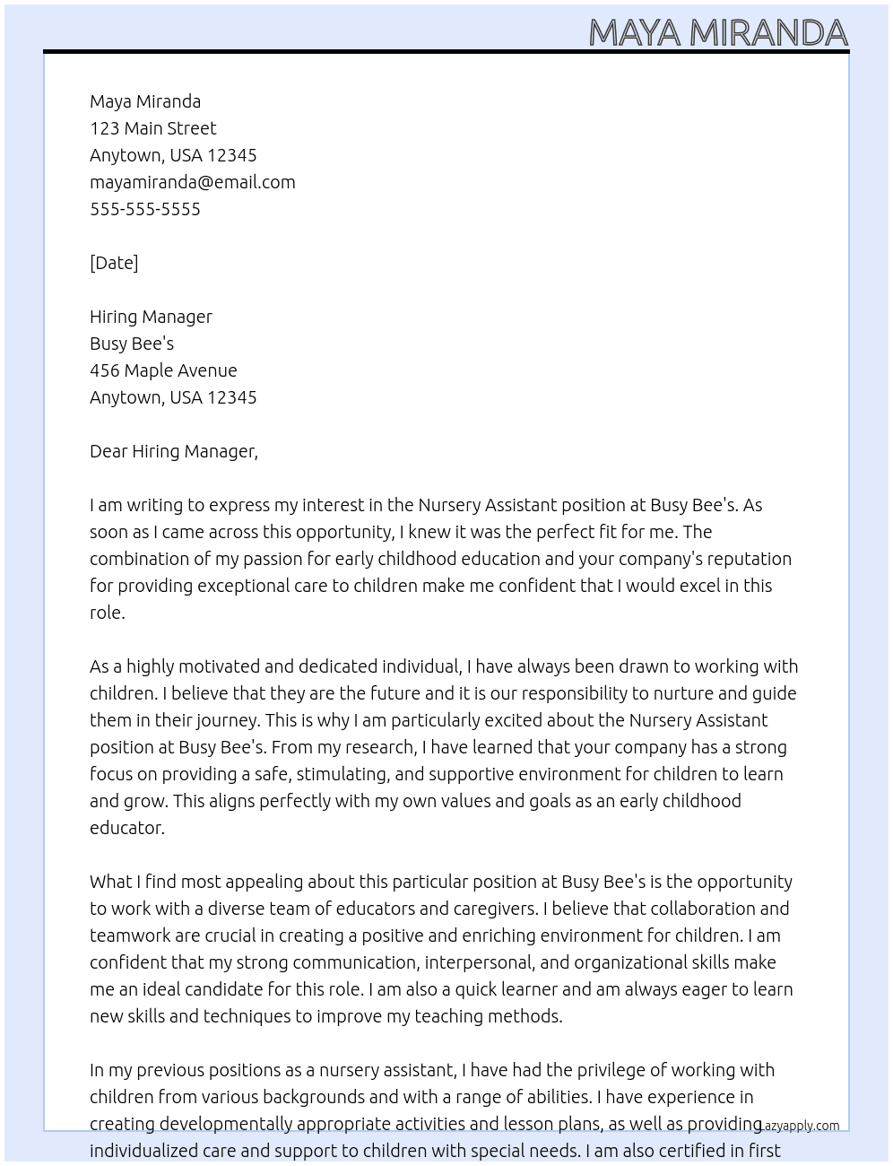 Nursery assistant At Busy Bee's Cover Letter