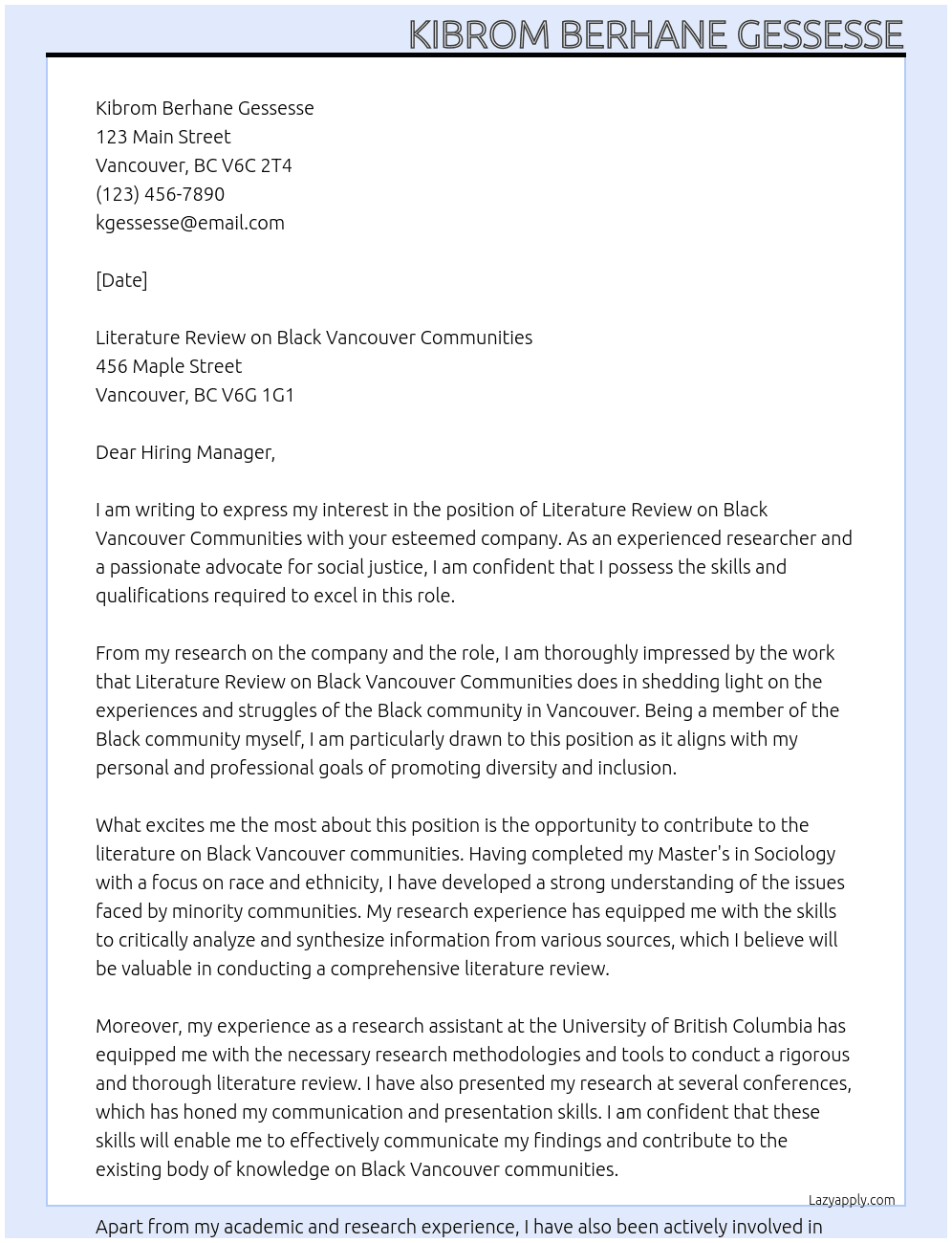 Literature Review on Black Vancouver Communities At Literature Review on Black Vancouver Communities Cover Letter