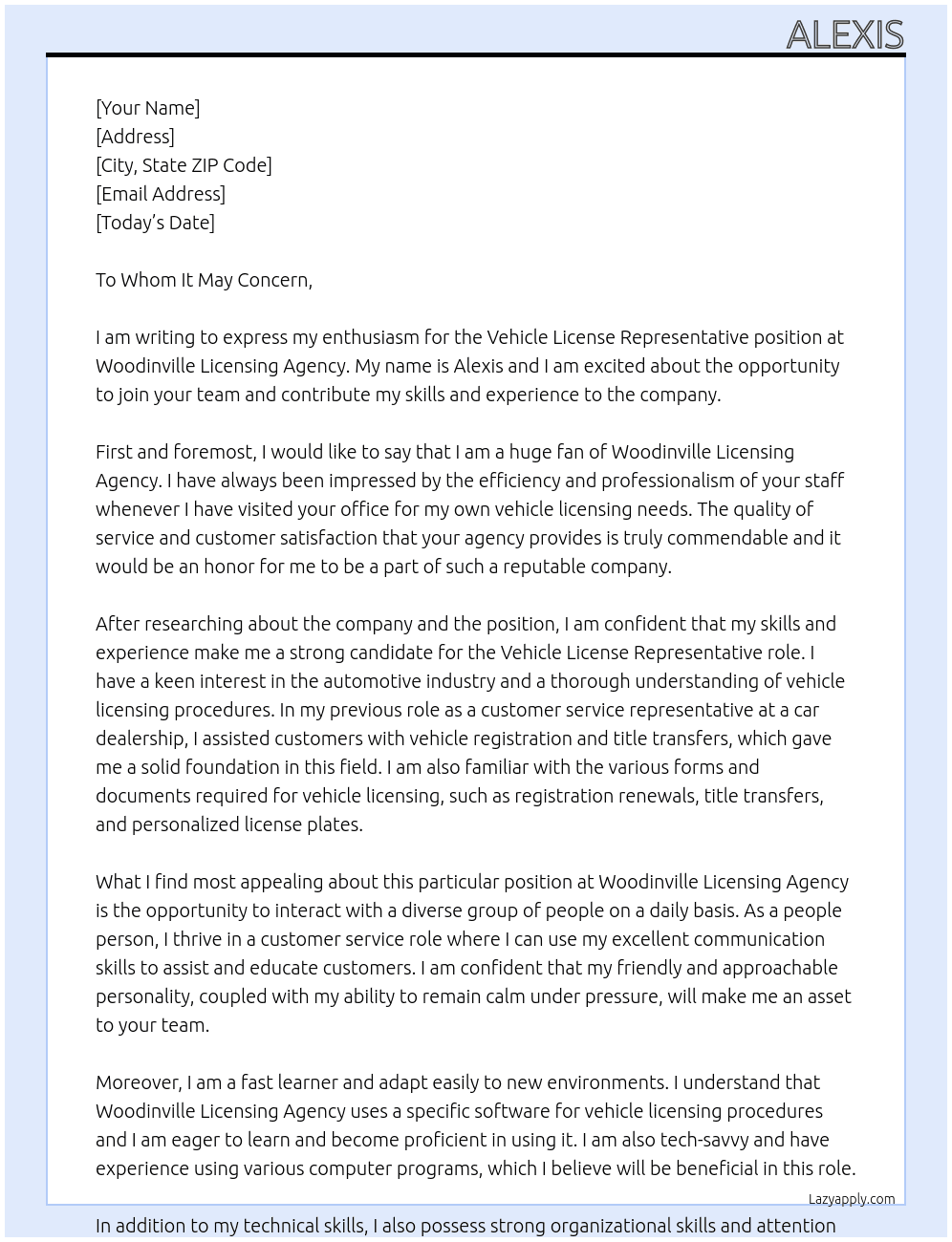 Vehicle L:icense Representative At Woodinville Licensing Agency Cover Letter