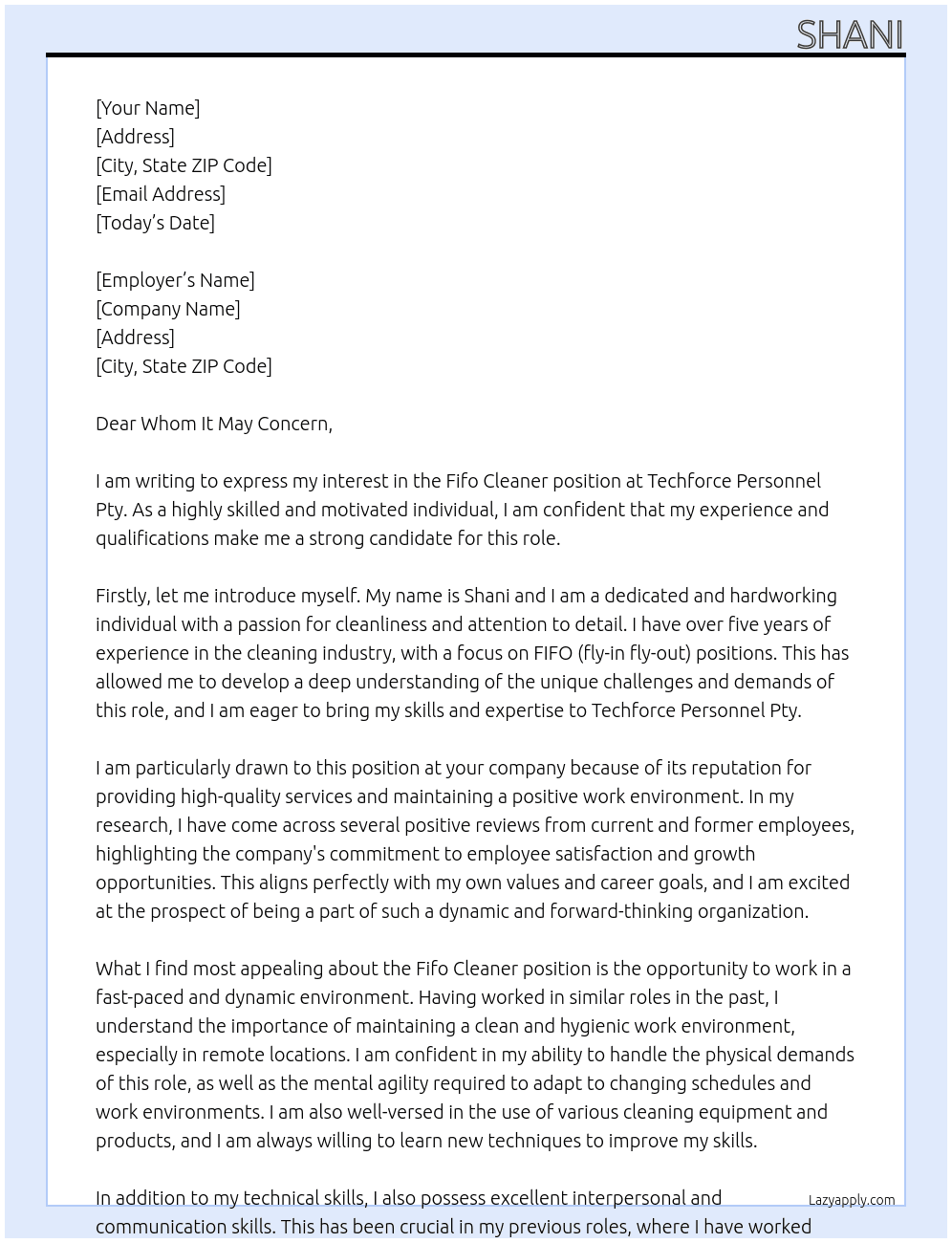 Fifo  cleaner At Techforce Personnel Pty Cover Letter