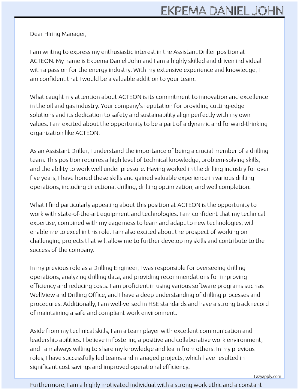 Assistant Driller At ACTEON Cover Letter