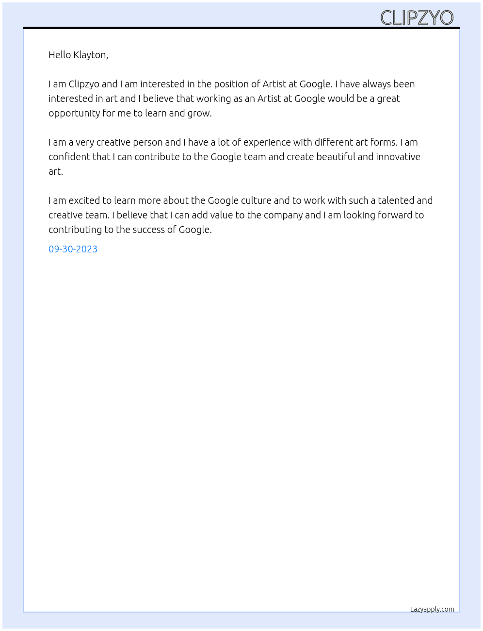 Artist  At Google Cover Letter