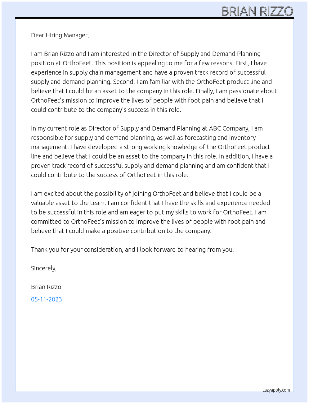 Director of Supply and Demand Planning At OrthoFeet Cover Letter