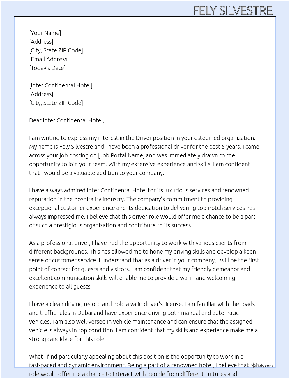 Driver  At Driver  Cover Letter