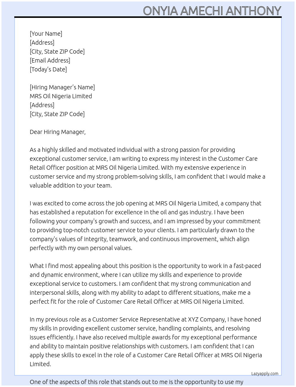 Customer care retail officer  At MRS oil Nigeria Limited Cover Letter