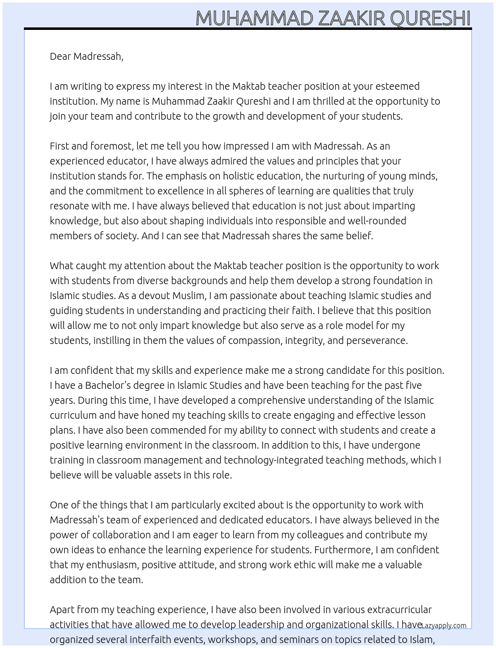 Maktab teacher At Madressah Cover Letter