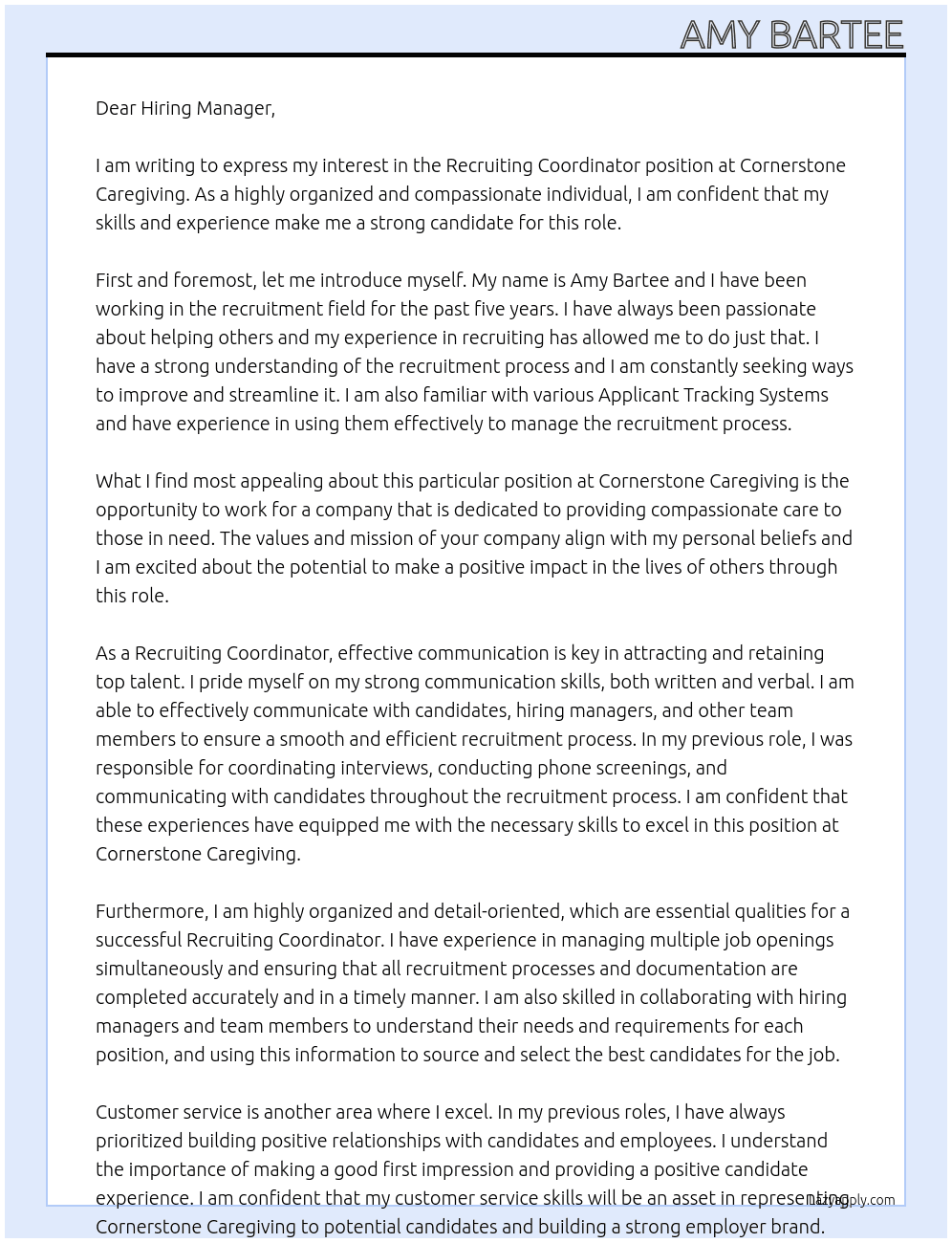 Recruiting Coordinator  At Cornerstone Caregiving Cover Letter
