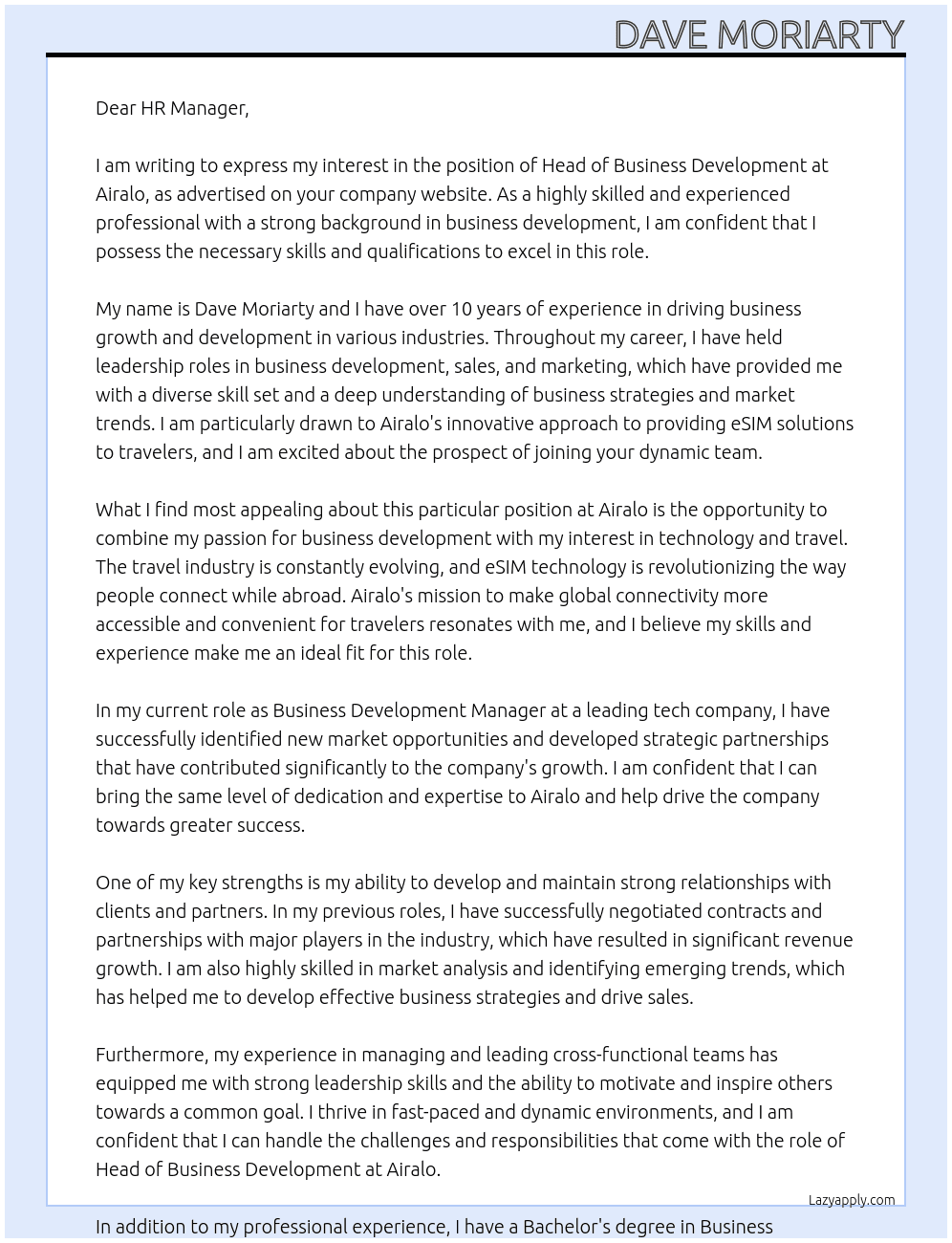 Head of Business Development At Airalo Cover Letter