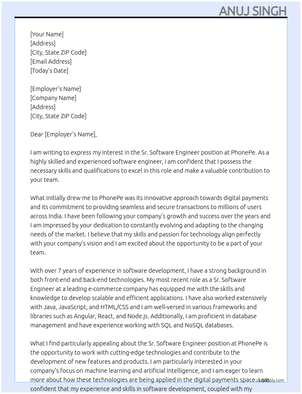 Sr. Software Engineer At PhonePe Cover Letter