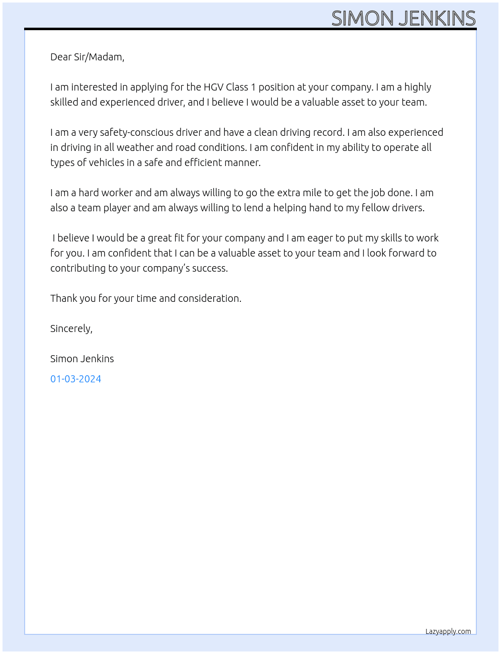 hgv class 1  At HGV role Cover Letter