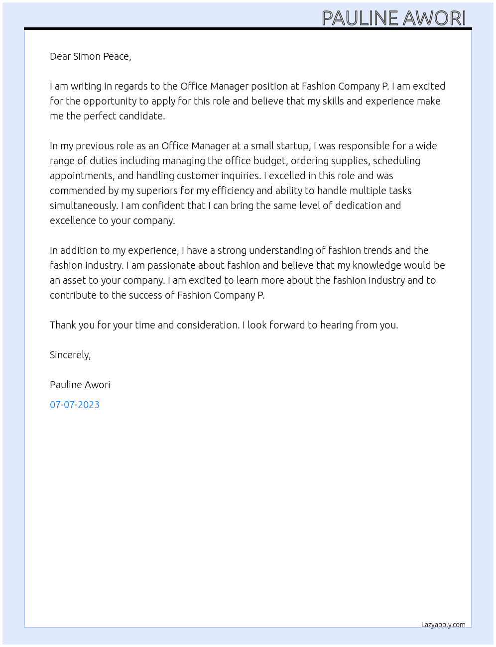 Office manager  At Fashion company p Cover Letter