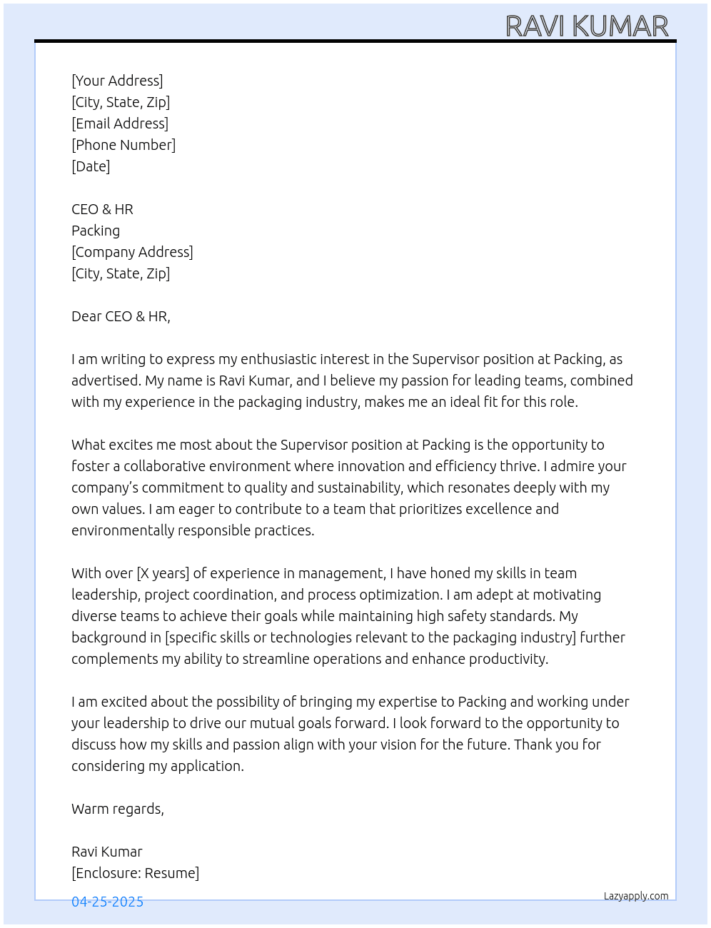 Supervisor  At Packing  Cover Letter