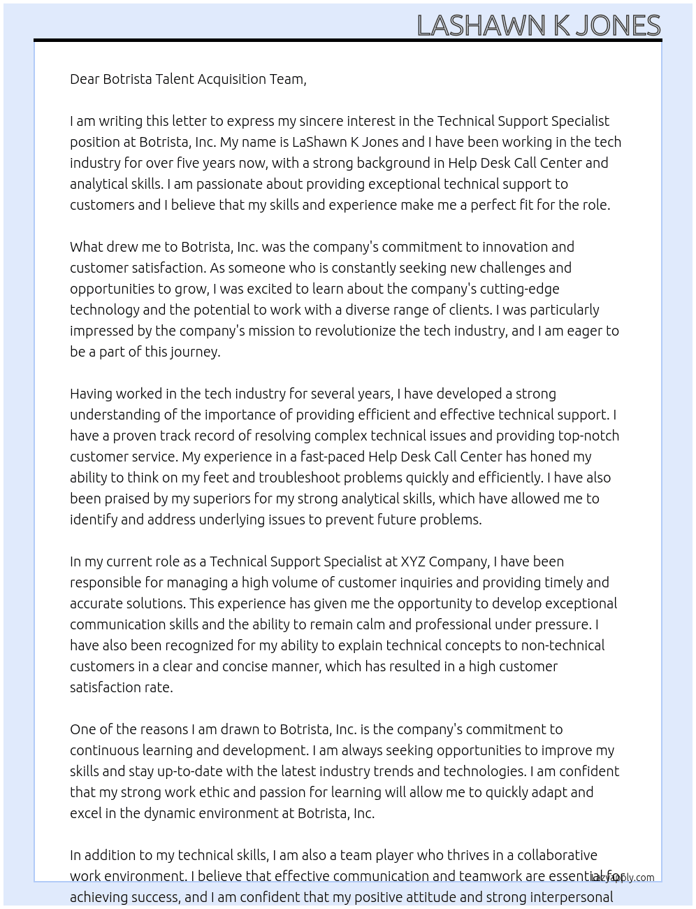 Technical Support Specialist At Botrista, Inc. Cover Letter
