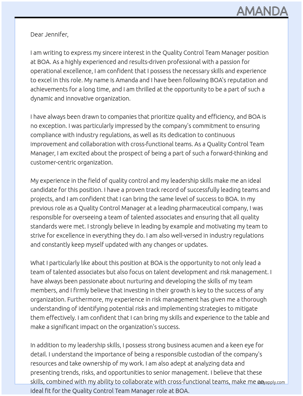 Quality Control Team Manager At BOA Cover Letter