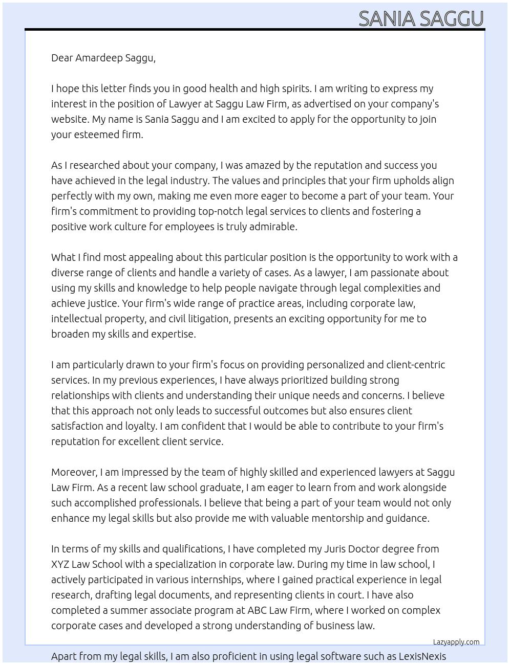 Lawyer At Saggu Law Firm Cover Letter