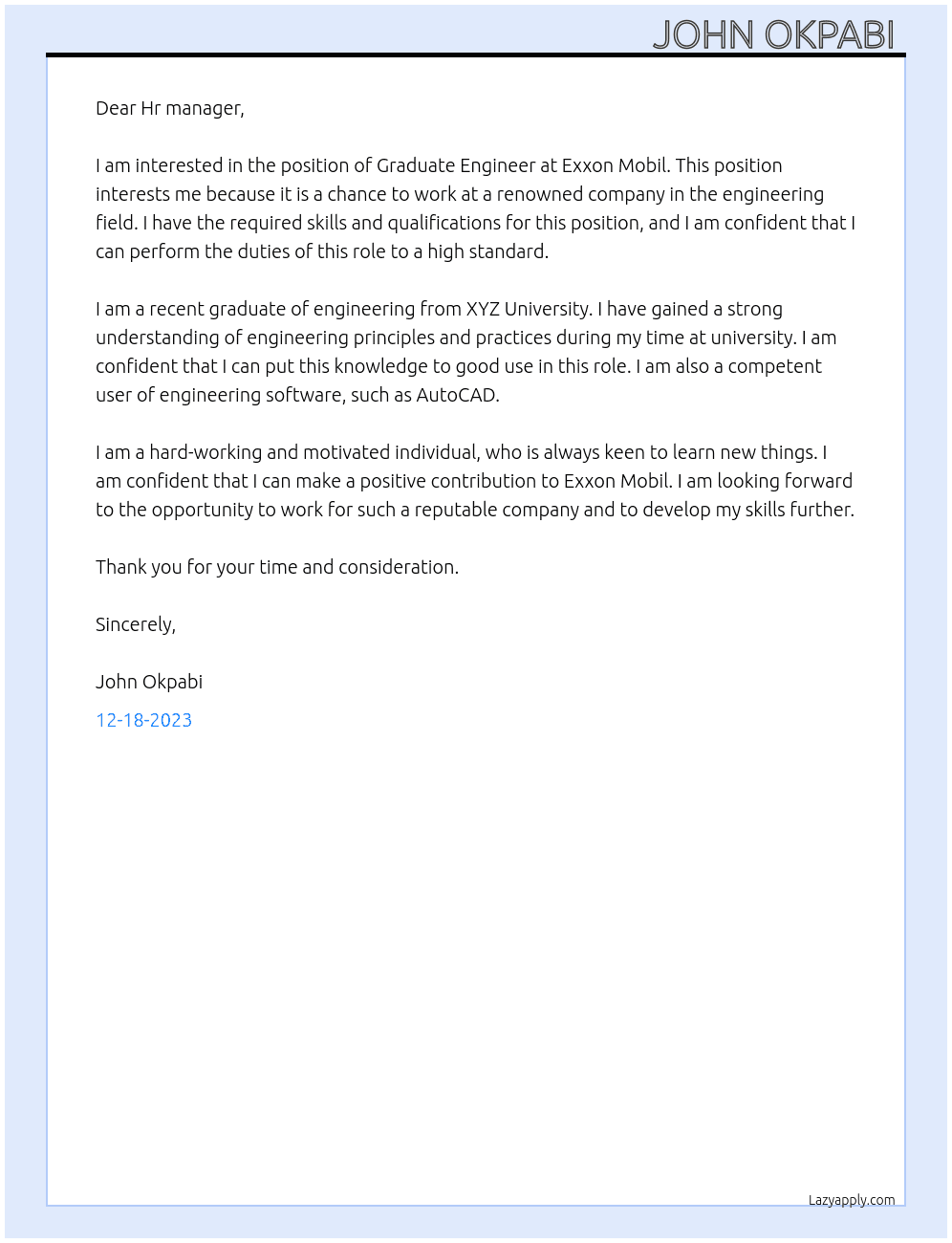 Graduate Engineer At Exxon Mobil  Cover Letter