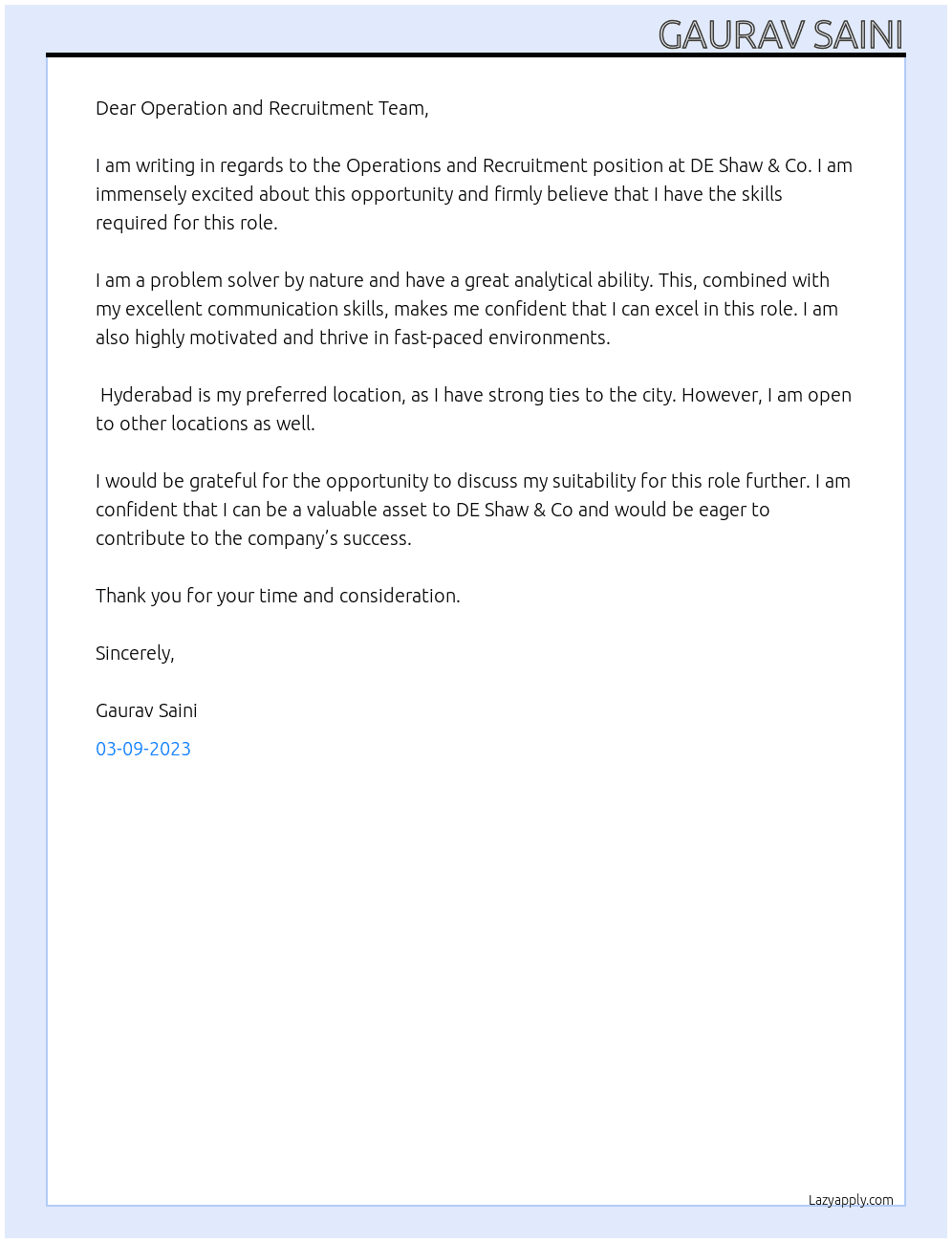 Operations and Recruitment At DE Shaw & Co Cover Letter