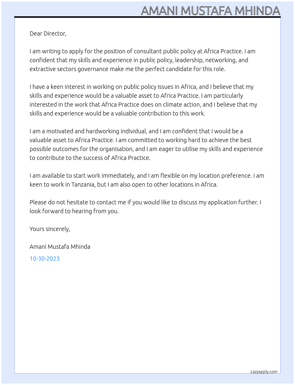consultant public policy At Africa Practice Cover Letter