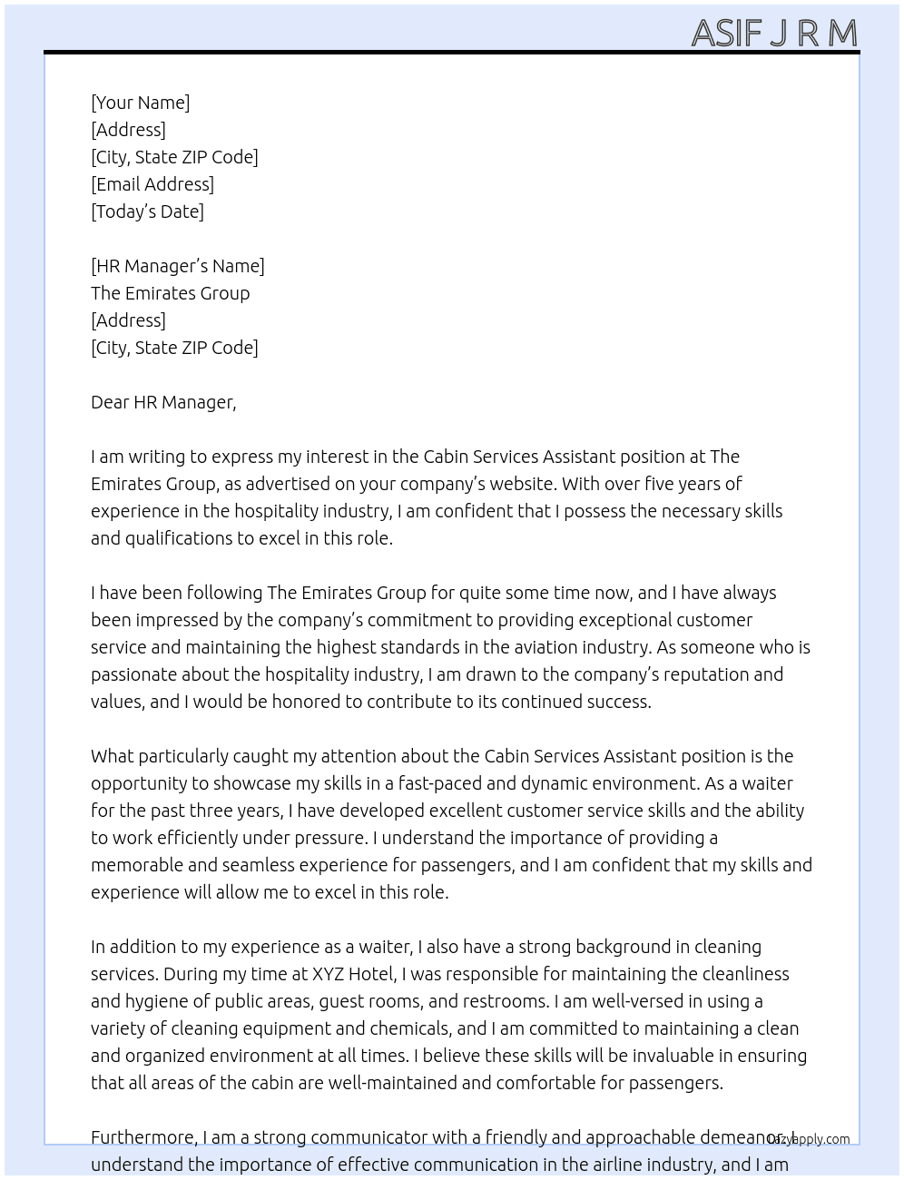 CABIN SERVICES ASSISTANT  At The Emirates Group Cover Letter