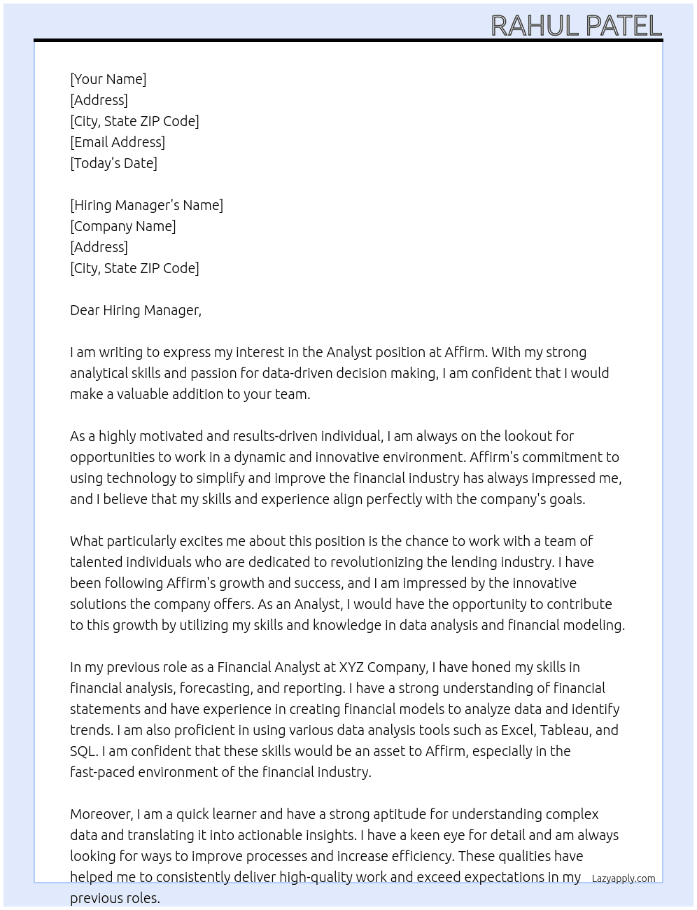 Analyst At Affirm Cover Letter