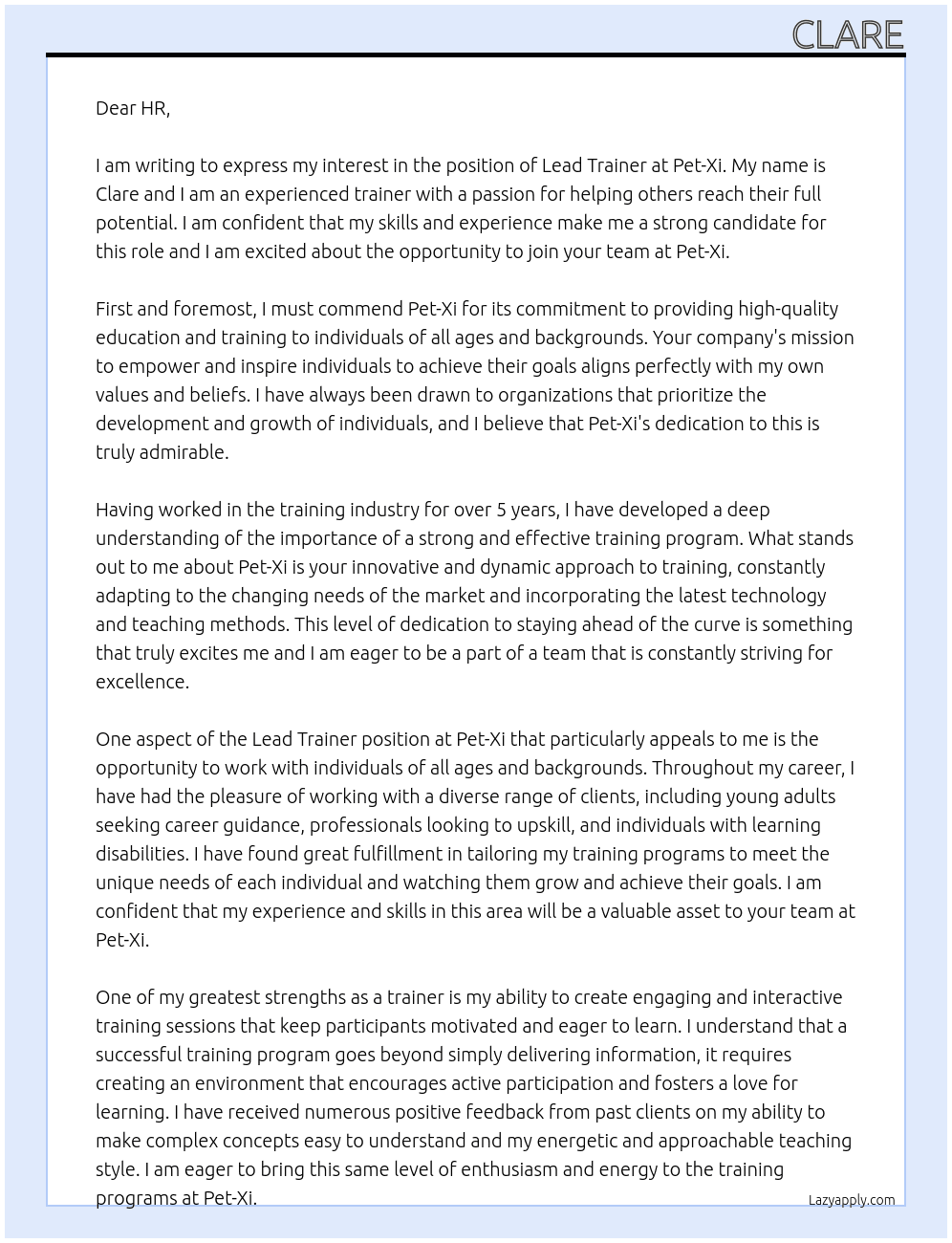 Lead trainer At Pet-Xi Cover Letter
