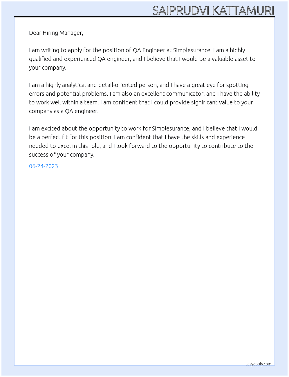 QA Engineer At Simplesurance Cover Letter
