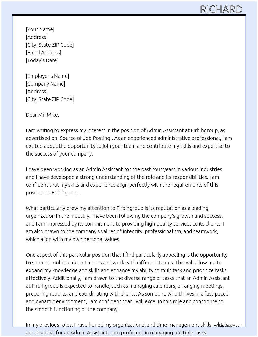 Admin Assistant  At Firb hgroup Cover Letter