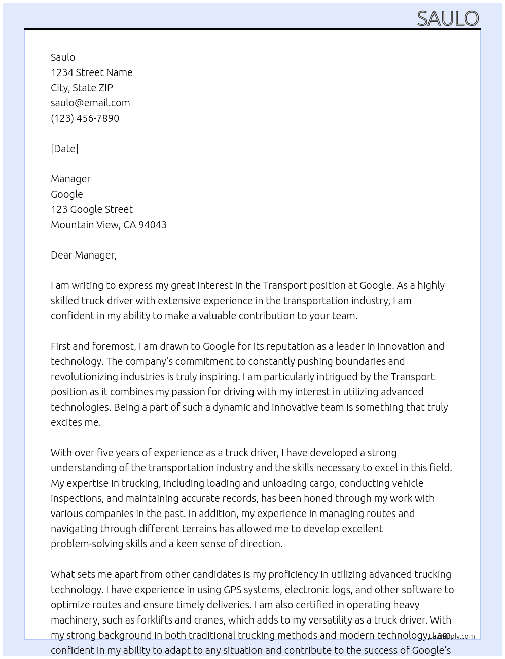 Transport At Googpe Cover Letter