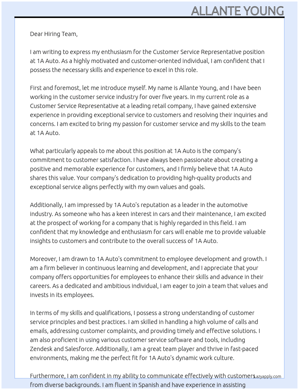 Customer Service Representative  At 1A Auto Cover Letter
