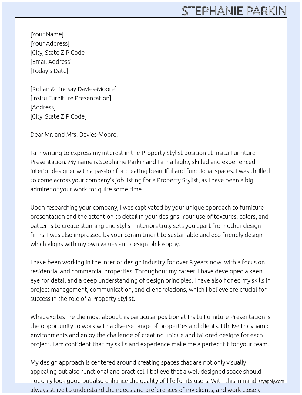 Cover letter for property stylist - LazyApply