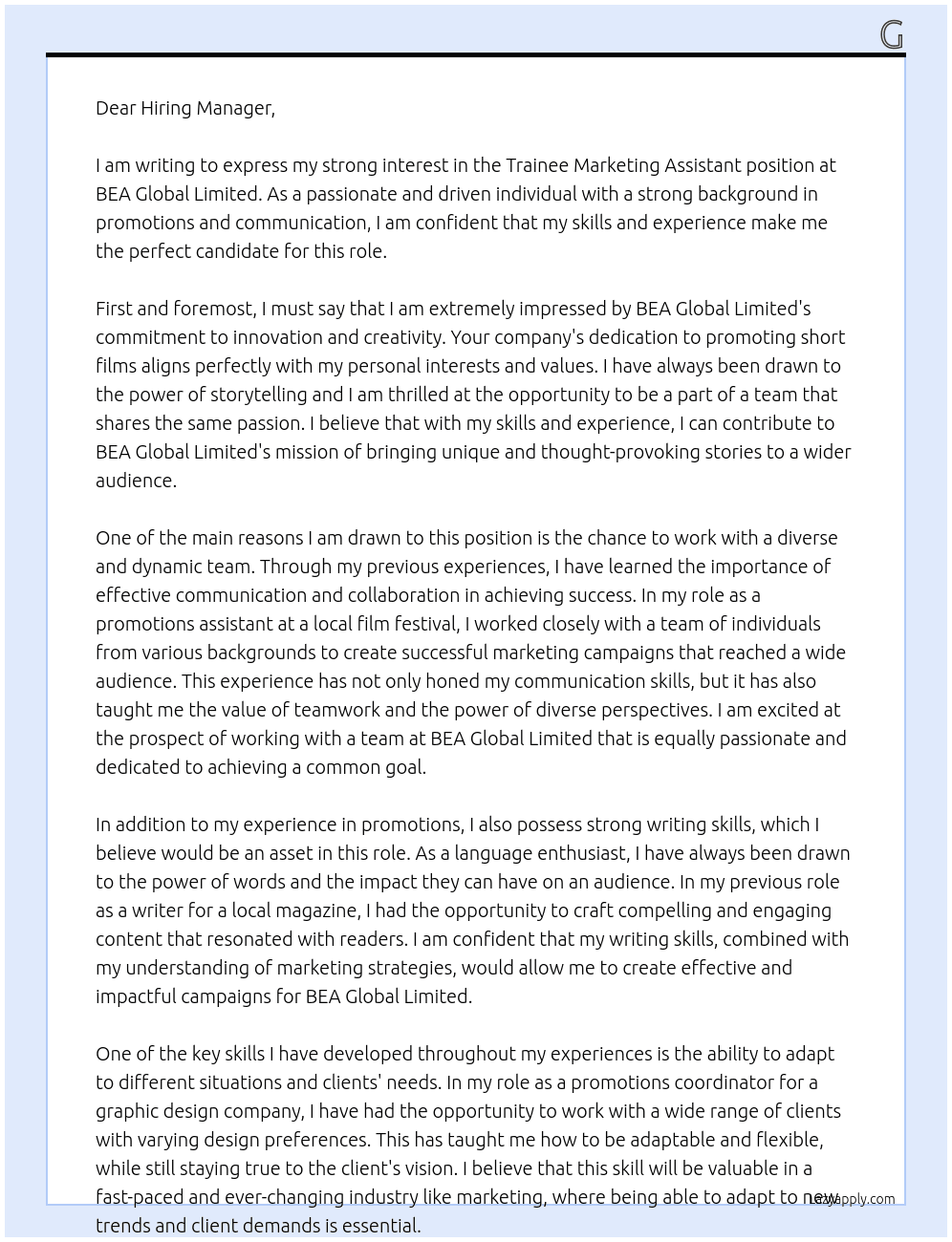 Trainee Marketing Assistant At BEA Global Limited Cover Letter