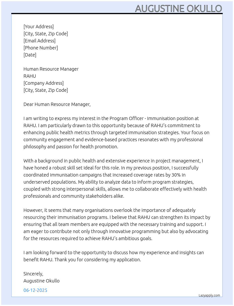 Program officer-immunisation At RAHU Cover Letter