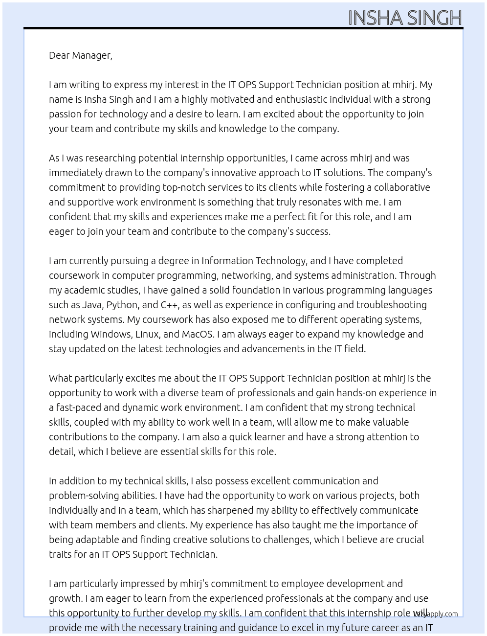 IT OPS SUPPORT TECHNICIAN At mhirj Cover Letter