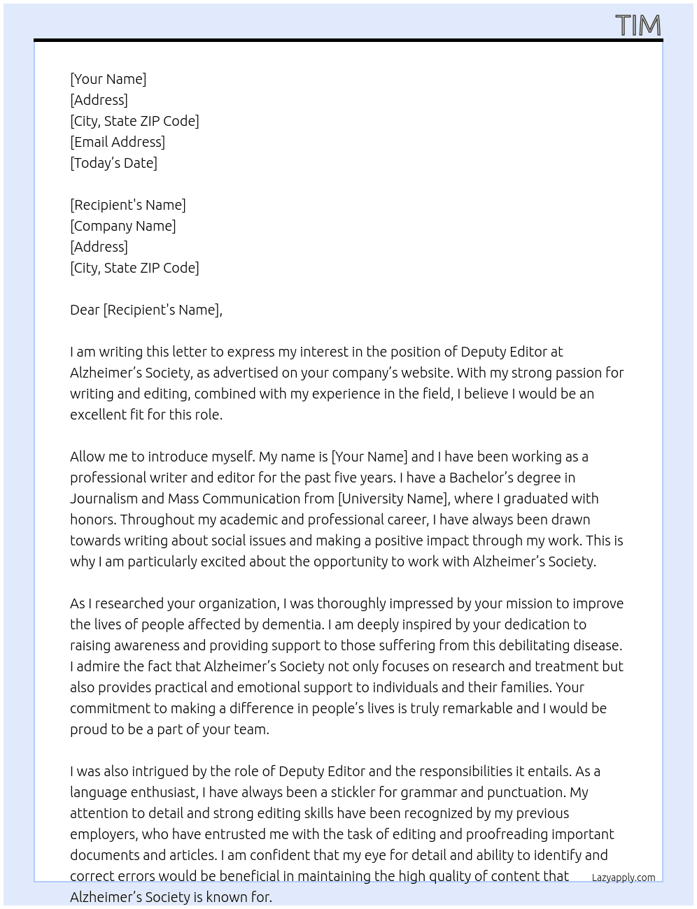 deputy editor At  Alzheimer’s Society.  Cover Letter