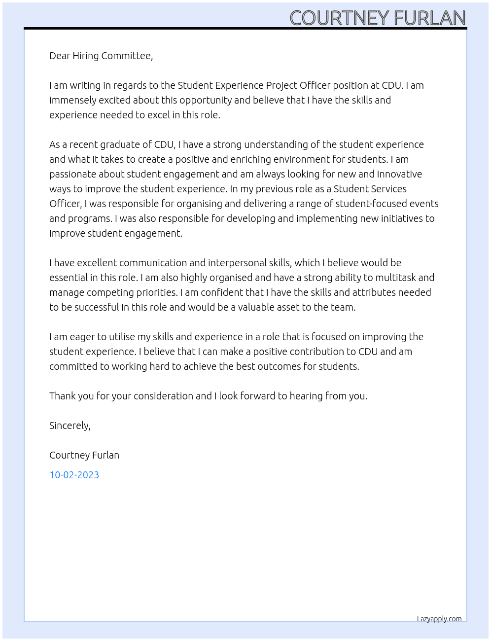 Student Experience Project Officrer At CDU Cover Letter