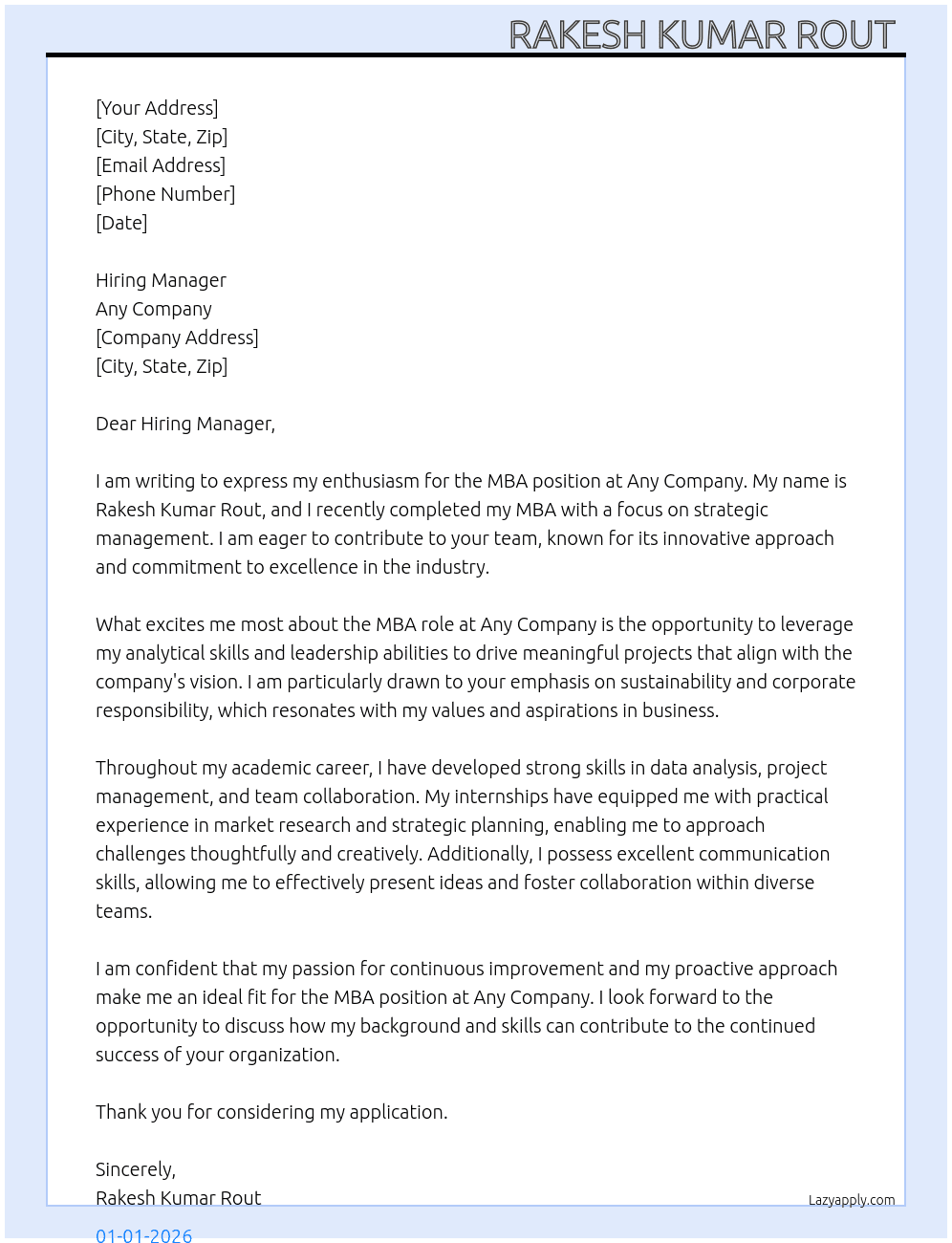 MBA At Any company  Cover Letter