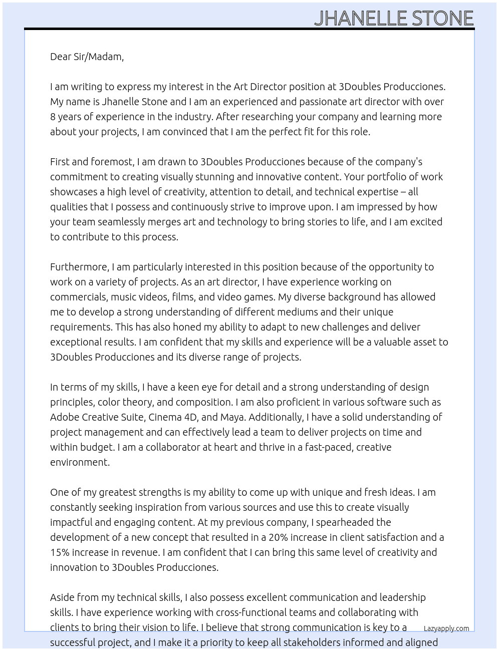 Art Director At 3Doubles Producciones Cover Letter